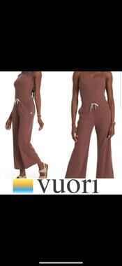 Vuori Mudra Ribbed Wide Leg Jumpsuit Chestnut Brown Square Neck Size L